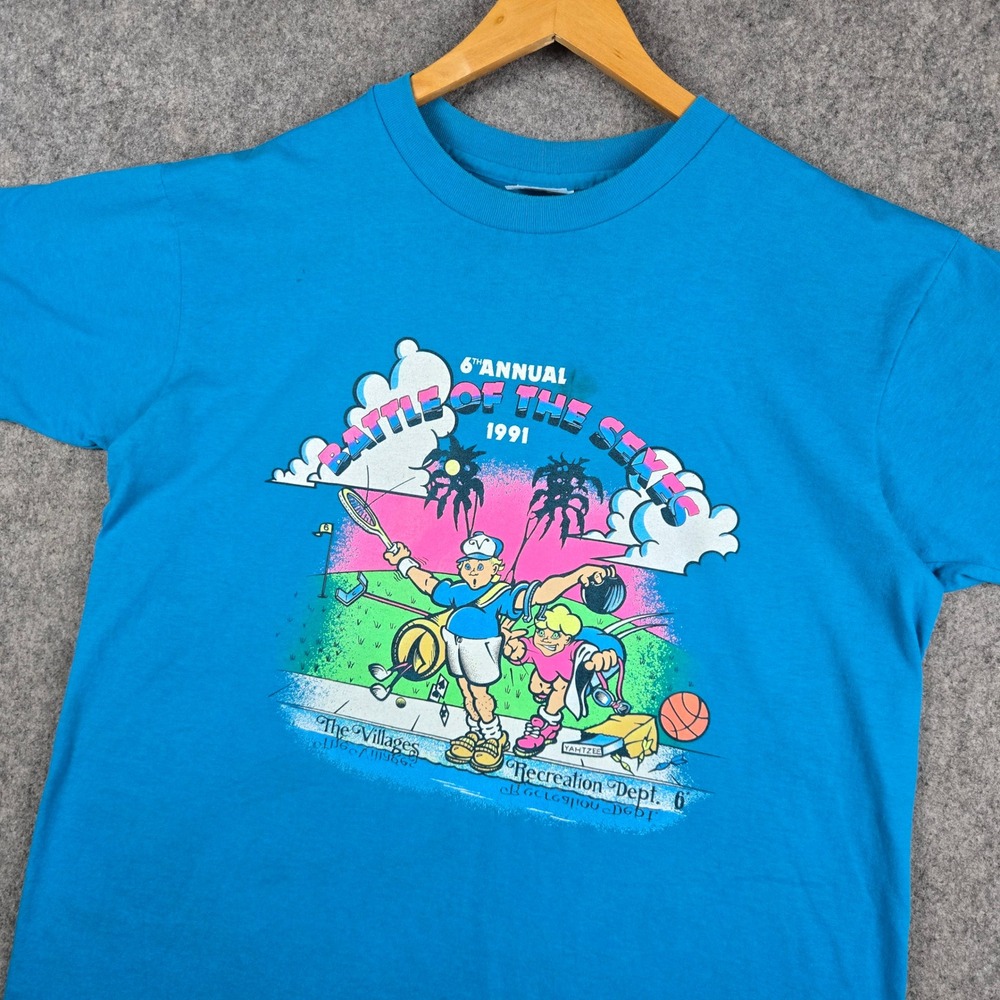 Hanes T Shirt Mens Large Blue Vintage 90s Battle of the Sexes Graphic Tee USA